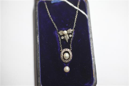An Edwardian gold and silver, diamond and cultured? pearl drop necklace, pendant section 42mm.